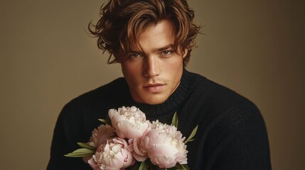 A young man holds peonies.