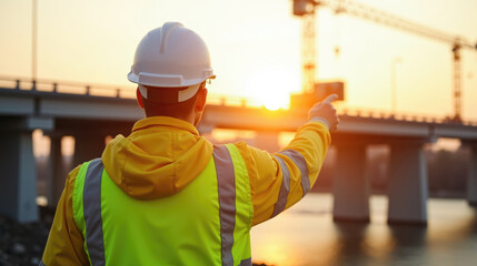 A construction worker points to a bridge in the distance. The sun is setting, casting a warm glow over the scene. The worker is wearing a yellow jacket and a hard hat