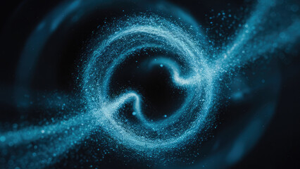 Abstract blue particle swirl on dark background.