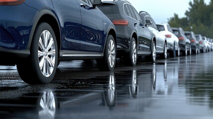 Two cars park on a city street, highlighting a white vehicle next to a blue model, with blurred surroundings ideal for advertising