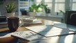 © Ch - An organized desk showcasing an accountanta??s ledger, financial charts, and a cup of coffee in a bright office space.