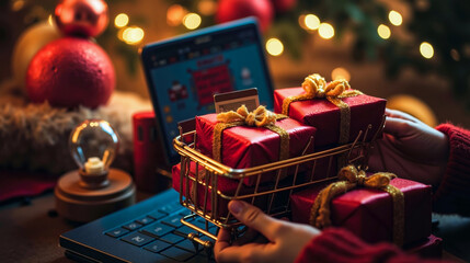 A person holding a shopping cart filled with presents on top of a laptop