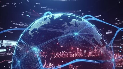 Leinwandbilder - Connected global Citys with Blue Network Arcs Representing Digital Technology and Global Communication, Generative AI