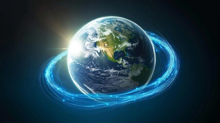 Poster - Connected Globe with Blue Network Lines Over North America, Symbolizing Global Communication and Digital Connectivity, Generative AI
