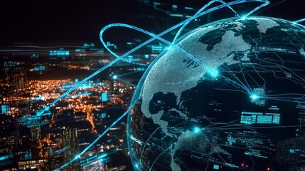 Aufkleber -  Digital Globe with Network Connections Over a Cityscape, Representing Global Communication and Cyber Technology, Generative AI
