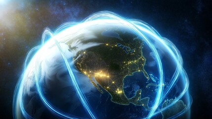 Poster - Connected Globe with Blue Network Lines Over North America, Symbolizing Global Communication and Digital Connectivity, Generative AI
