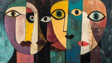 Colorful cubist painting of abstract faces
