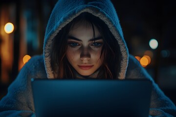 enigmatic person coding on laptop in twilight