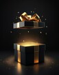 © Spling - black gift box with gold ribbon on black background