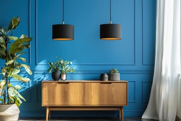 Mockup wall with cabinet and objects against a blue-painted wall with two black hanging lamps