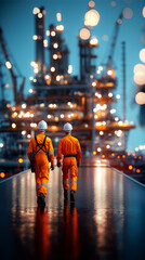 Two oil and gas workers on an industrial platform
