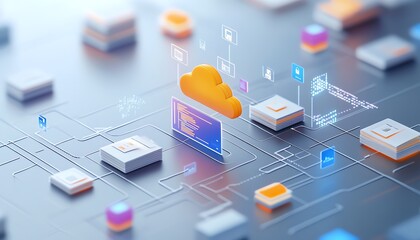 Leinwandbilder - Captivating 3D rendering of a virtual network showcasing digital document management, with interactive icons representing documents, clouds, and data sharing capabilities