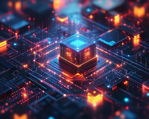 Poster - Creative 3D rendering of a virtual network environment focused on digital document management, highlighting secure file transfers and efficient data organization