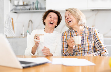 Wall Mural - Two cheerful women making video call by laptop sitting at the kitchen table