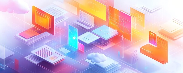 Fototapete - Detailed image showcasing digital document management in a futuristic virtual network, with visual representations of documents, clouds, and seamless connectivity