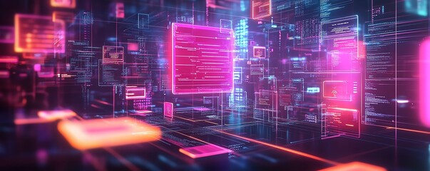 Fototapete - Detailed image showcasing digital document management in a futuristic virtual network, with visual representations of documents, clouds, and seamless connectivity