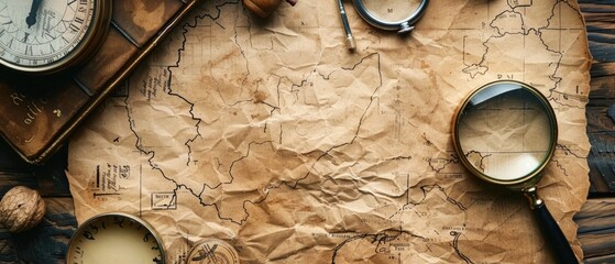 Flat lay composition of an old magnifying glass, an antique book, and a weathered paper page on a textured background. Historical research and vintage concept. Top down aerial view of clock. AIG55.