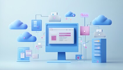 Fototapete - Captivating 3D rendering of a virtual network showcasing digital document management, with interactive icons representing documents, clouds, and data sharing capabilities
