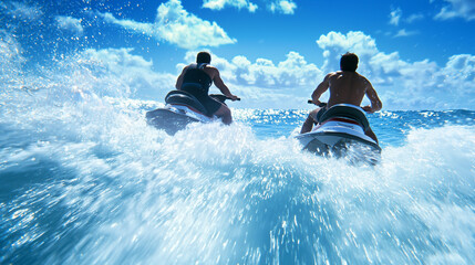 Friends Jet Skiing Together on the Ocean Splashing Water