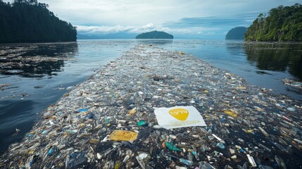 Wall Mural - Plastic Pollution Accumulating in a Calm Bay, Surrounded by Lush Green Forested Islands