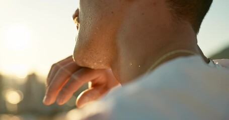 Sticker - Closeup, man and tired with sweat for workout, fitness and exercise for marathon challenge outdoor. Male person, athlete or wipe face on zoom with breathing, running activity or training for wellness