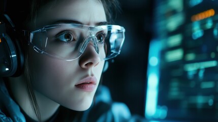 A woman wearing a pair of glasses is looking at a computer screen. The concept of loan business, Innovation, and future.