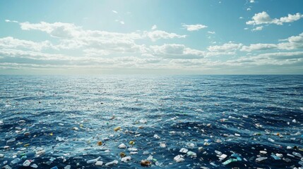 Wall Mural - A vast expanse of blue ocean littered with plastic debris.