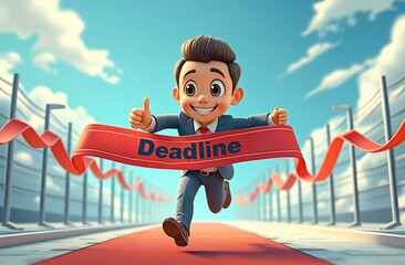 businessman crossing finish line with deadline ribbon in outdoor competition scene. time management, productivity and efficiency at work, business, entrepreneurship