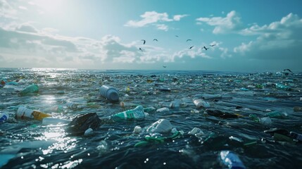 Wall Mural - Plastic Pollution in a Vast and Blue Ocean