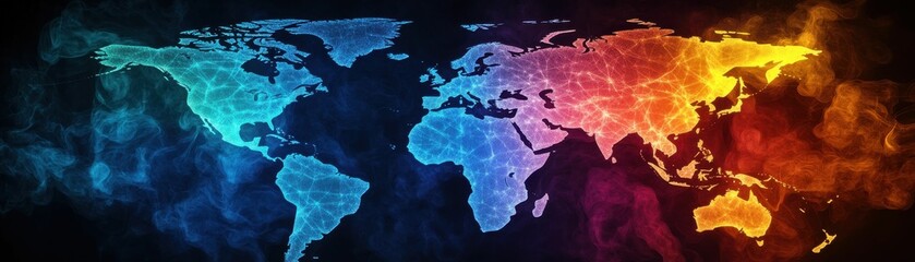 A colorful world map with a blue background The concept of Innovation, and future.