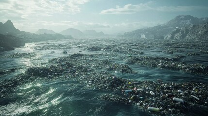 Wall Mural - A Sea of Plastic Waste Surrounding Mountains in a Foggy Landscape