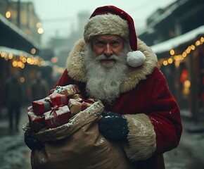 Santa Claus with a sack full of gifts, festive mood