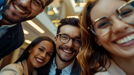 Wall Mural - Group of business workers smiling and posing in an office, with a young woman in the foreground with crossed arms