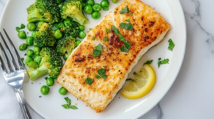 Wall Mural - Delicious fish fillet served with vibrant broccoli and peas on a white plate with a light background