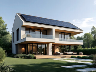 Modern architecture light colored two story eco friendly and sustainable green energy home with solar panels on roof