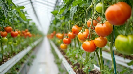 Wall Mural - A panoramic view of a commercial hydroponic greenhouse, with rows of tomatoes suspended in air, growing in a controlled environment