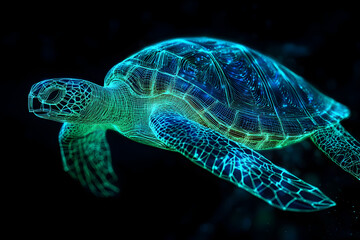 A stunning neon wireframe sea turtle adorned in shades of blue and green on a dark backdrop --ar 3:2 --s 50