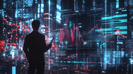 Businessman Analyzing Data on a Futuristic Interface
