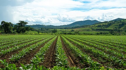 Wall Mural - A panoramic view of a farm with biochar-treated fields, showing improved crop growth and reduced water usage