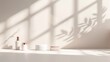 © Lasvu - Neutral backdrop for showcasing cosmetics products in empty room with window shadows. Display items against blurred background.