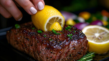 A person is adding lemon slices to a piece of meat