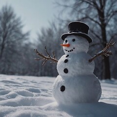 Funny snowman with a hat and a carrot for a nose on the background of a winter landscape and snow.