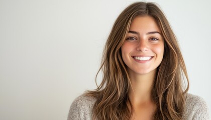 Young woman smiling, isolated on white, ideal for skincare and dental products.