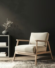 A white armchair with wooden legs stands on a patterned rug in a room with a dark wall. a small wooden side table with a vase of dried branches. and two books