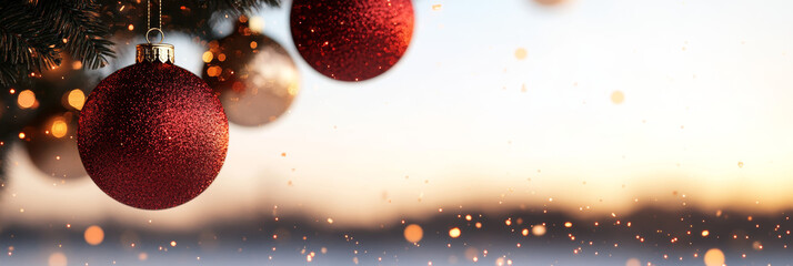 Sparkling red ornaments hanging from a Christmas tree against a soft, glowing background.