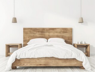 Minimalist bedroom with a wooden bed frame. white linens. and two nightstands