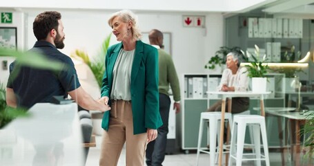 Leinwandbilder - Agreement, handshake and tablet with business people in office together for collaboration or deal. Assistance, help or thank you with happy employee team shaking hands in professional workplace