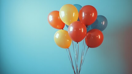 A bunch of helium balloons in vibrant hues, floating against a blank, soft color wall, space for promotional text. colorful balloons, event flyer