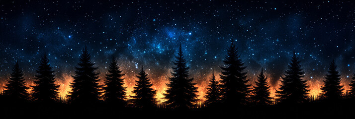 A breathtaking view of a starry night sky over a silhouette of pine trees.