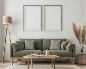 Modern living room with a green sofa. wooden coffee table. two empty frames. and a floor lamp